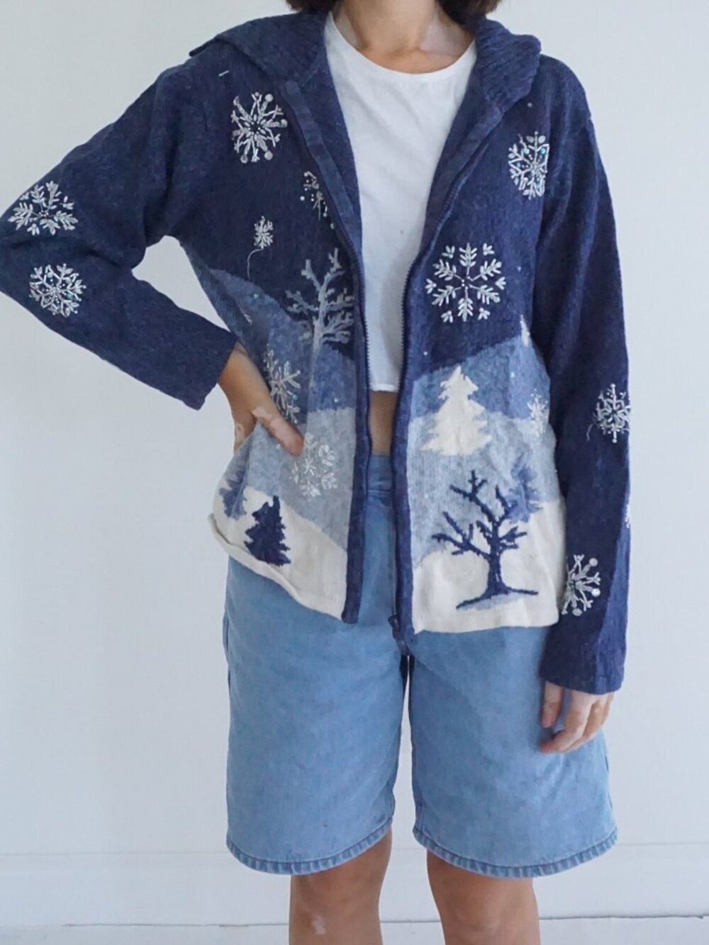 Vintage Tara International Blue Snowflakes Trees Bead Ugly Christmas Cardigan L